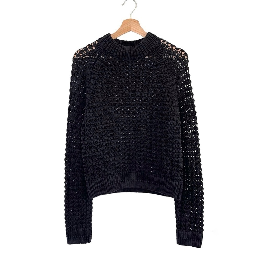 Margaret O’Leary Cotton Blend Mock Neck Open Knit Pullover Sweater Black Medium